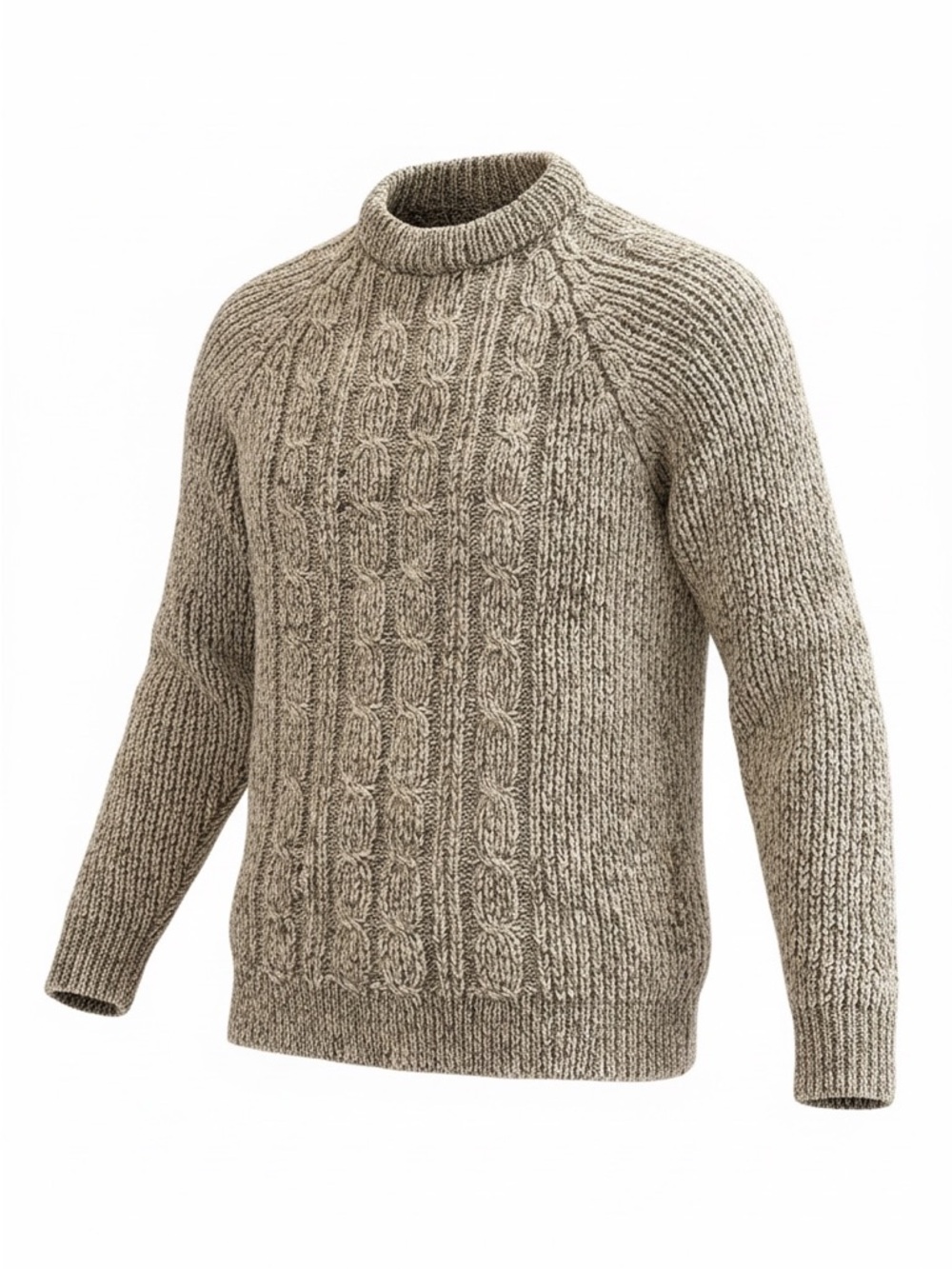 British Wool 100% Wool Men's Cable Knit Crewneck Sweater in Beige/Tan